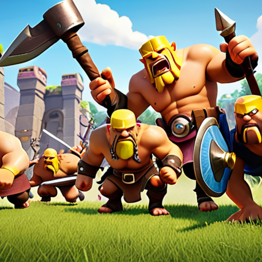 **

A group of diverse Clash of Clans troops (attacker, defender, supporter) working together, forming a balanced team ready for war. Focus on their determined expressions and coordinated stance, illustrating teamwork and strategic unit composition.

**