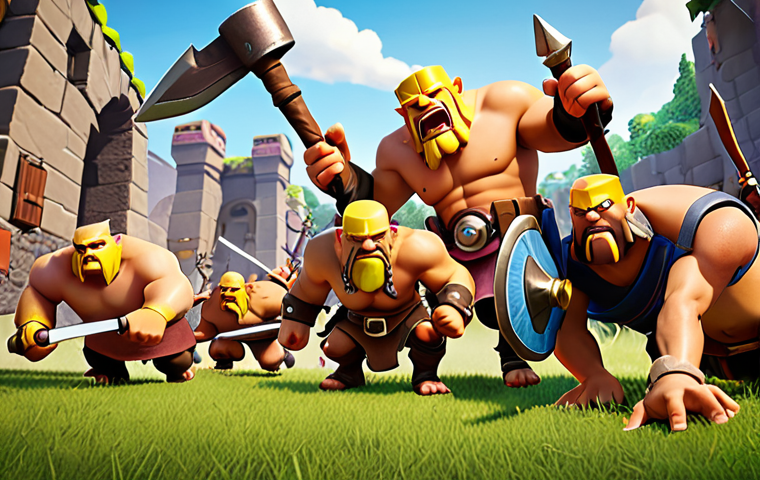 **
A group of diverse Clash of Clans troops (attacker, defender, supporter) working together, forming a balanced team ready for war. Focus on their determined expressions and coordinated stance, illustrating teamwork and strategic unit composition.
**