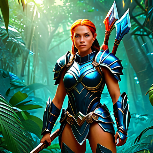 Lili, a powerful support character, shields her teammates in a vibrant jungle setting. She wears modest armor and wields a glowing staff. Perfect anatomy, natural proportions, safe for work, appropriate content, fully clothed, professional digital art.