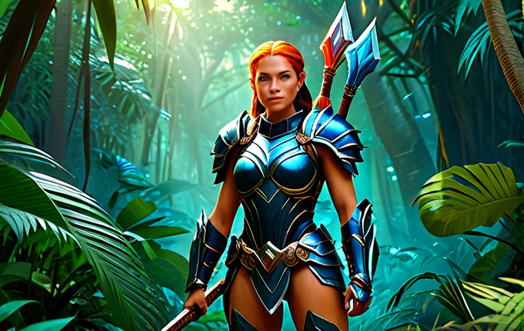 Lili, a powerful support character, shields her teammates in a vibrant jungle setting. She wears modest armor and wields a glowing staff. Perfect anatomy, natural proportions, safe for work, appropriate content, fully clothed, professional digital art.