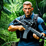 **

A fully geared-up commando, fully clothed, appropriate attire, holding a customized assault rifle with various attachments (scope, grip, extended magazine) in a jungle environment. Focus on the details of the weapon modifications and the commando's focused expression. Safe for work, perfect anatomy, natural pose, professional, family-friendly.

**