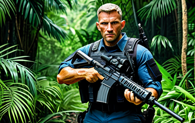 **

A fully geared-up commando, fully clothed, appropriate attire, holding a customized assault rifle with various attachments (scope, grip, extended magazine) in a jungle environment. Focus on the details of the weapon modifications and the commando's focused expression. Safe for work, perfect anatomy, natural pose, professional, family-friendly.

**
