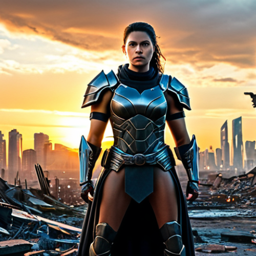 **

"A determined, fully clothed Nikke warrior stands amidst a futuristic cityscape in ruins, modest armor gleaming under a dramatic sunset, appropriate attire, safe for work, perfect anatomy, natural proportions, professional digital art, high quality"

**